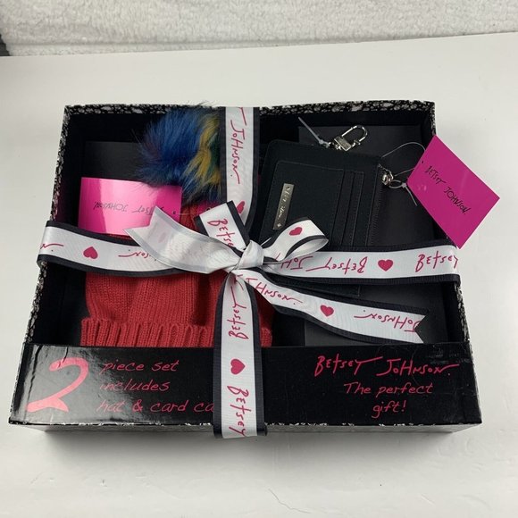 Betsey Johnson Women's Hat & Card Case 2 Piece Boxed Gift Set Black & Red 6153 - Picture 1 of 9